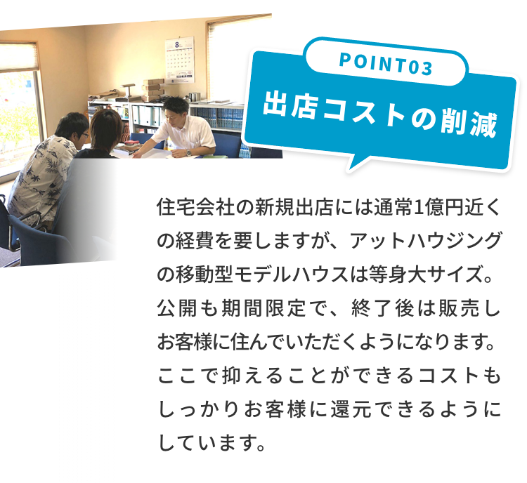 POINT03 出店コストの削減　住宅会社の新規出店には通常1億円近くの経費を要しますが、アットハウジングの移動型モデルハウスは等身大サイズ。公開も期間限定で、終了後は販売しお客様に住んでいただくようになります。ここで抑えることができるコストもしっかりお客様に還元できるようにしています。